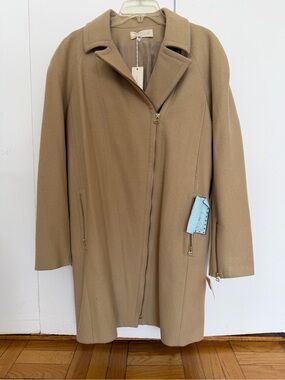 Brand New Women's Camel Zip-Front Cocoon Wool Coat